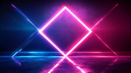 Futuristic neon diamond light frame with glowing pink and blue colors
