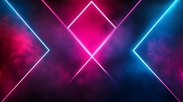 Neon geometric background with glowing pink and blue light shapes and futuristic style
