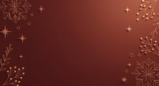 Luxurious Christmas holiday background with elegant copper snowflakes, stars, and festive berry decorations on a rich brown backdrop