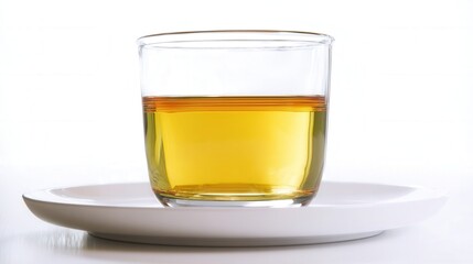 Glass of golden liquid on white plate isolated on white background. Generative AI