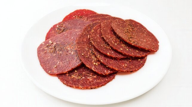 Spiced basturma slices on a white plate isolated. Generative AI