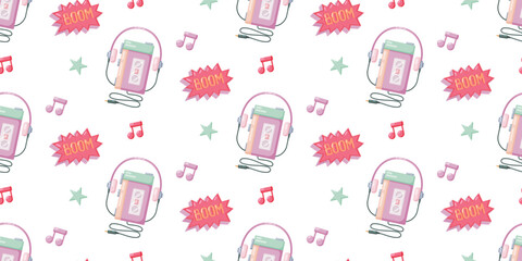 Retro 90s Cassette Player and Music Notes Pattern