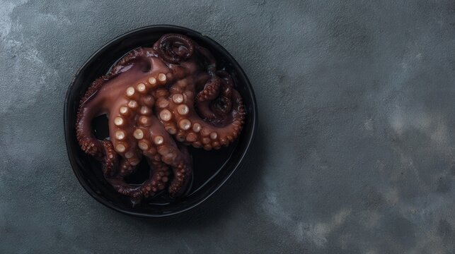 Fresh raw octopus whole and tentacles on a black plate top view. Generative AI