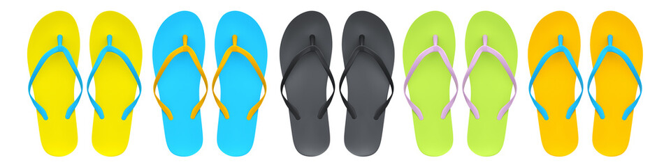 Set of beach flip-flops or sandals for summer holidays on white background.