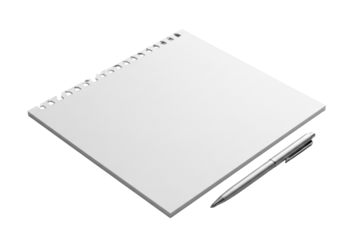 Pristine, thick, textured white paper with a torn perforated edge, and a sleek silver pen, isolated on a smooth transparent background at a 45-degree angle, concept of professional simplicity