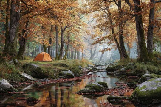 Camping in a serene autumn forest by a peaceful stream filled with colorful fallen leaves and surrounded by majestic trees