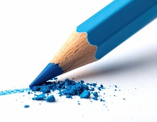 Blue pencil with shavings on white surface