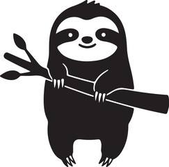 Fototapeta premium Cute black and white illustration of a sloth hanging from a tree branch animal adorable on transparent background