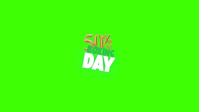 50% Off Boxing Day sale animation with vibrant green screen background, perfect for retail ads and holiday promotions, a dynamic festive marketing graphic
