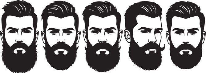 Five Diverse Black And White Bearded Man Faces With Different Beard Styles male mustache on transparent background