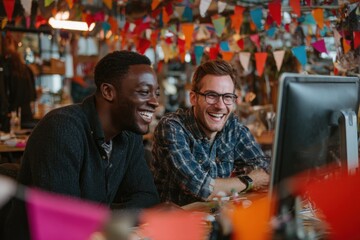 Two men excitedly collaborate at a colorful desk in a creative workspace during a busy daytime