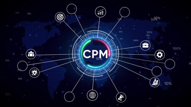 Digital marketing CPM concept with global network and icons for business strategy and finance Keywords: CPM, cost per mille, marketing, digital marketing, business, finance, strategy, success