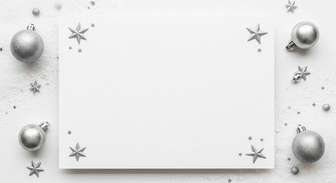 Festive flat lay composition with silver Christmas decorations, stars, and a blank paper card for a seasonal greeting or invitation