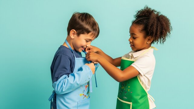 Artistic Camaraderie: A young girl assists a boy, tying the strings of his painting apron in a gesture of friendship and collaboration before their art project.