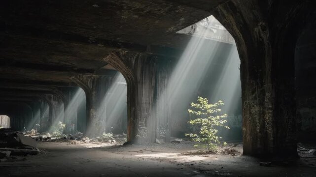 Abandoned underground tunnel with sunbeams streaming through to illuminate a lone sapling amid rubble.