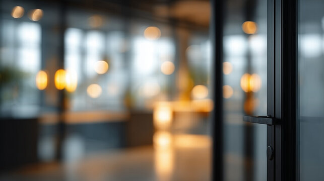 Blurred Office Interior With Glass Door and Warm Lighting, Modern Business Vibe