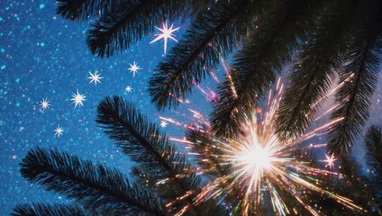 Fototapeta premium Sparkler on a Christmas tree with a starry night sky background.