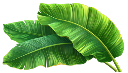 Two lush green tropical leaves with intricate vein details overlap on a black background