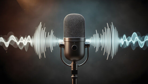 Vintage microphone with sound waves a compelling image for audio recording