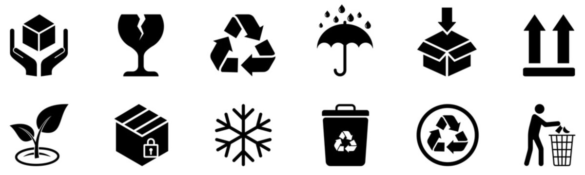 Packaging safety, shipping handling, recycling and eco-friendly symbols solid black icon set collection