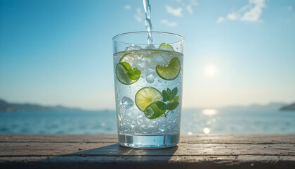 A clear glass being filled with fresh water lifestyle and hydration