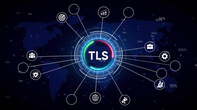 Transport Layer Security TLS network connection diagram with global map and technology icons image