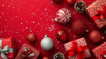 Festive Red Christmas Ornaments and Gift Boxes on a Sparkling Holiday Background