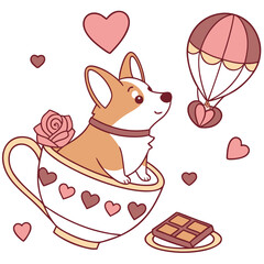 Valentine Blush colored Corgi with a Curious touch, placed in a Valentine theme and styled with sitting in a teacup ride
