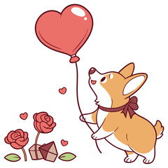 SVG art: A Excited Corgi in a Valentine vibe with with a balloon, tinted with Valentine Blush tones