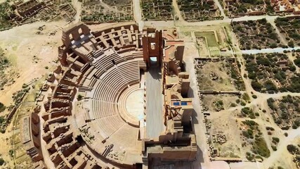 Aerial drone view of the Roman Theatre of Sabratha, one of Libya's most iconic archaeological sites