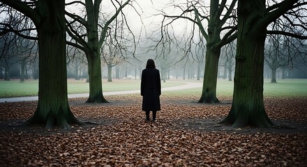 Woman in black coat standing in park surrounded by bare trees