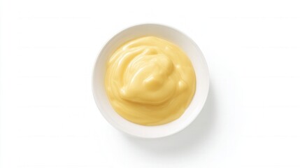 Creamy cheese sauce in a white bowl on white background isolated. Generative AI