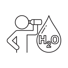 Person drinking water from a bottle next to a water droplet icon