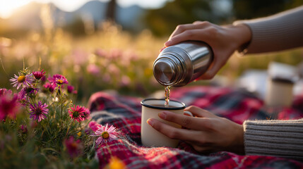 Outdoor picnic, thermos pouring tea into enamel cup, plaid blanket, meadow wildflowers, golden hour glow, with copy space
