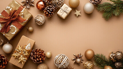 Golden Christmas Gift Set Flat Lay With Ornaments, Pine Cones, and Green Branches