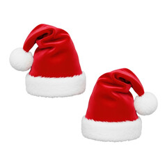 Two identical red plush velvet Santa hats with white faux fur trim and pom-poms, isolated on a transparent background with scattered silver confetti, high-key studio shot, festive commercial product
