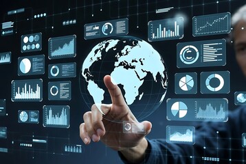 hand tapping a rotating holographic globe surrounded by floating analytics icons, futuristic digital HUD style.