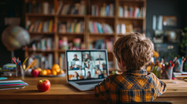 Young Boy Studying at Home During Virtual Class On Laptop With Colorful Bookshelf Backdrop