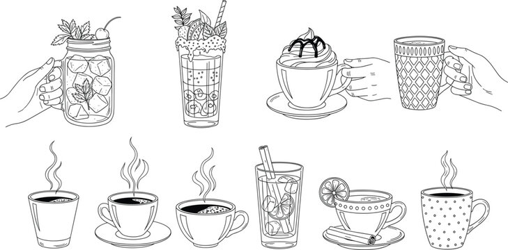 Detailed black and white line art collection of hot and cold beverages, including coffee, tea, cocktails, and milkshakes, perfect for cafe menus, bar graphics, food service, and drink-themed design ba