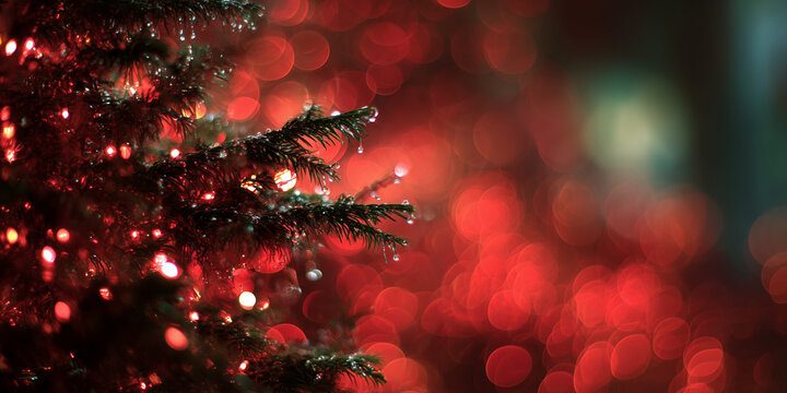 Festive Christmas Tree With Red Bokeh Lights Creating Warm Holiday Ambiance and Cozy Night Scene