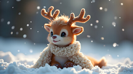 Cute Cartoon Reindeer in Snow with Scarf