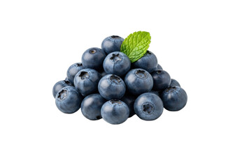 Plump, fresh deep blue blueberries with waxy bloom and crisp green mint leaf on a white ceramic plate, transparent background, concept for high-end product photography
