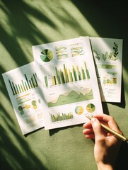 Hand analyzing environmental data on charts and reports