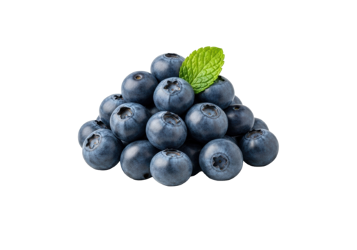 Plump, fresh deep blue blueberries with waxy bloom and crisp green mint leaf on a white ceramic plate, transparent background, concept for high-end product photography