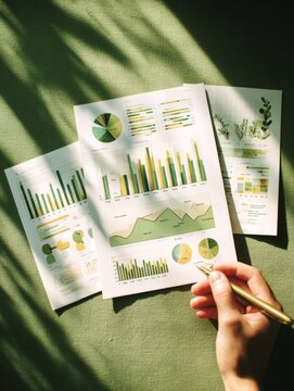 Hand analyzing environmental data on charts and reports