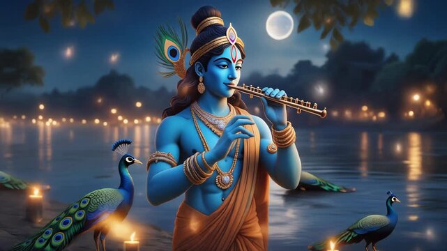 realistic scene of Lord Krishna on thnight view