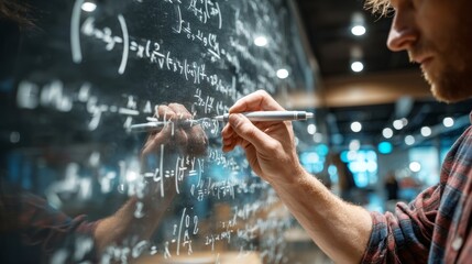 Fototapeta premium Person writing complex mathematical formulas on glass board