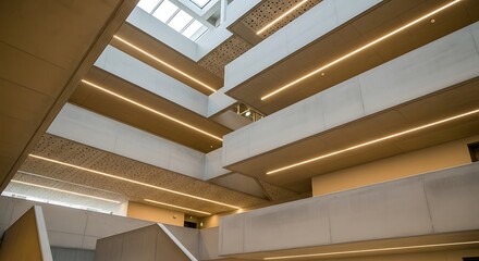 Obraz premium Modern interior architecture with layered levels and integrated linear lighting creating a dynamic and geometric space with natural light from above