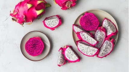 Fresh dragon fruit whole and sliced on white background isolated. Generative AI