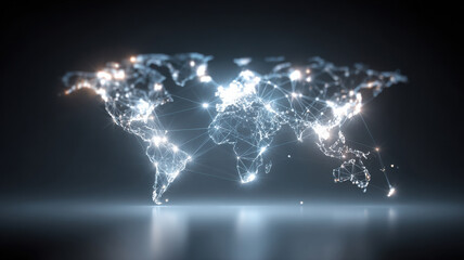 Fototapeta premium Global interconnectedness visualized through a network of lights forming a map of the world, highlighting connections and communication across the globe. 